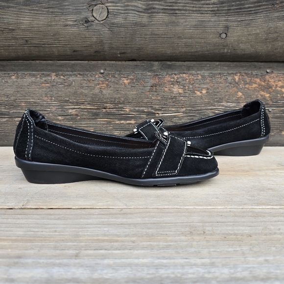 AEROSOLES NEW!! Black Suede, Sqaure Toe, Comfort, Wedge Loafer WMS 6M - Picture 5 of 16